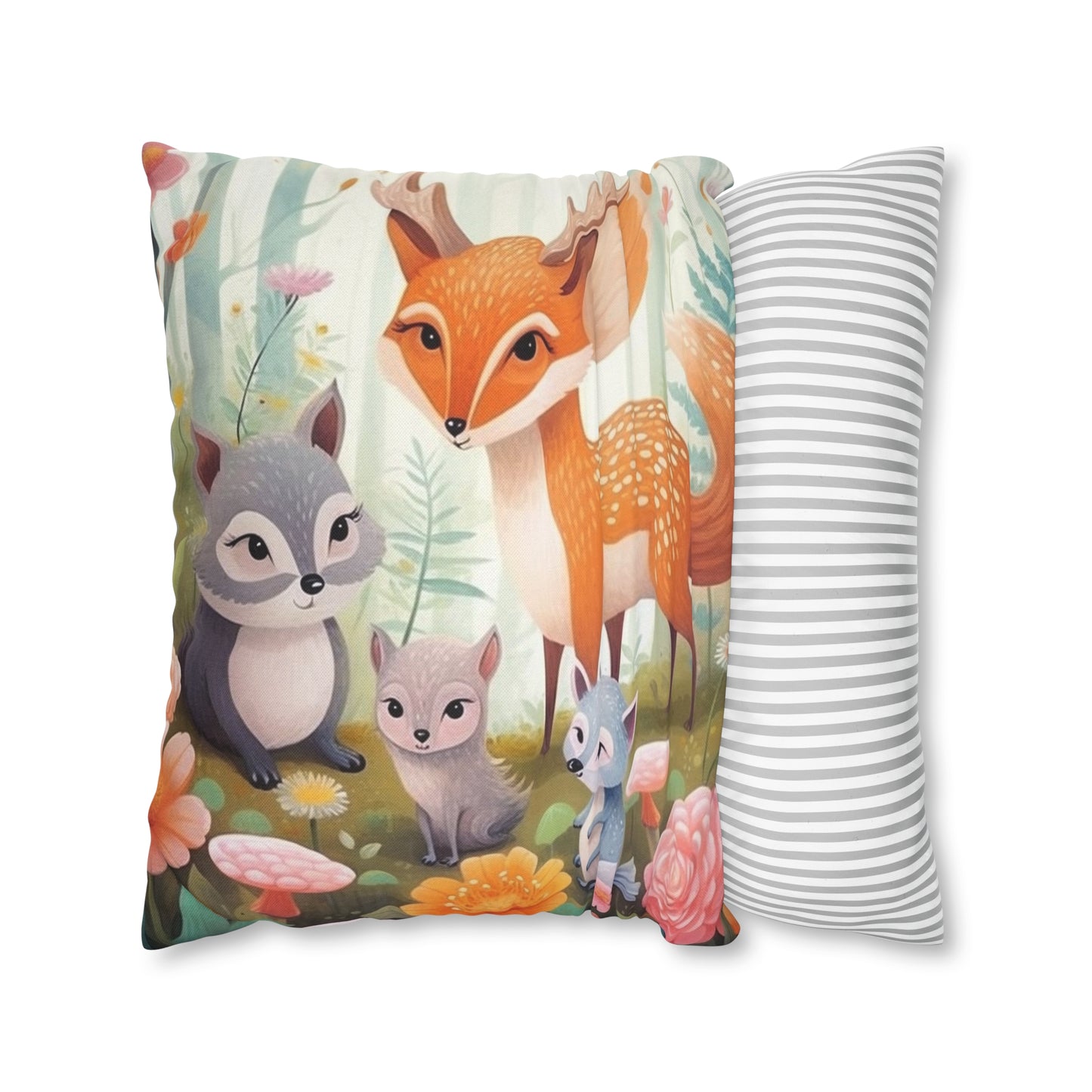 Cute Woodland Creatures Whimsical Animal Art Spun Polyester Square Pillow Case