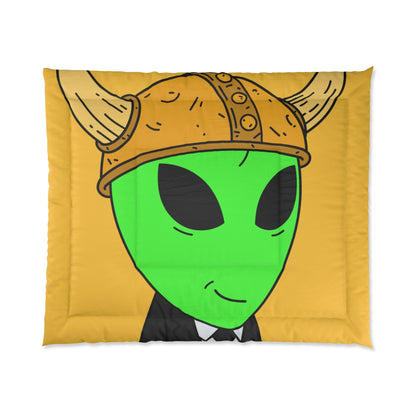 Green Smirk Face Alien Viking Helmet Black Business Suit Visitor Bed Comforter