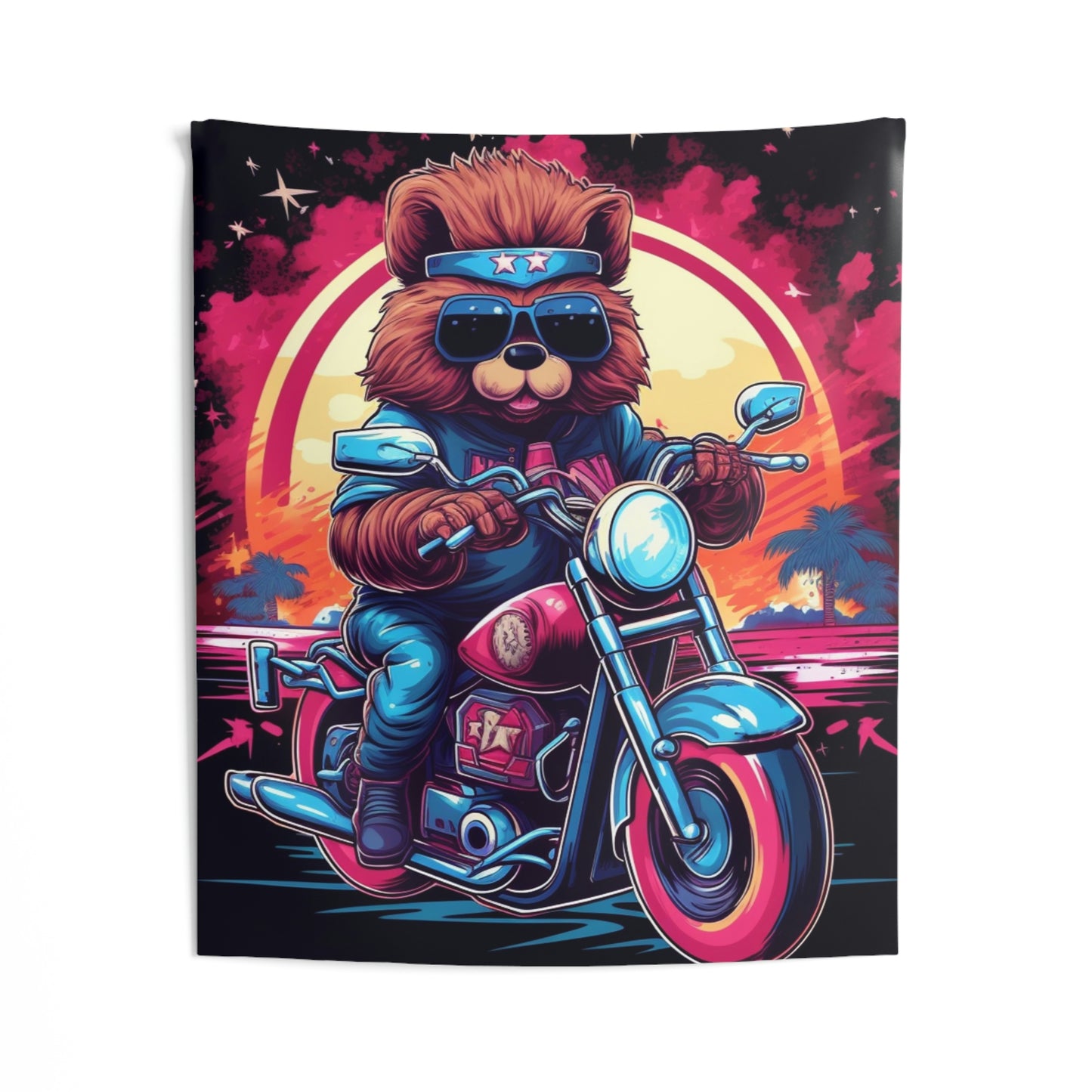 Tapices de pared para interiores con gráfico de aventura de jinete de oso de motocicleta 