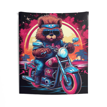 Tapices de pared para interiores con gráfico de aventura de jinete de oso de motocicleta 