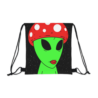 Mushroom Head Green Alien Visitor w/ Red Lips Outdoor Drawstring Bag