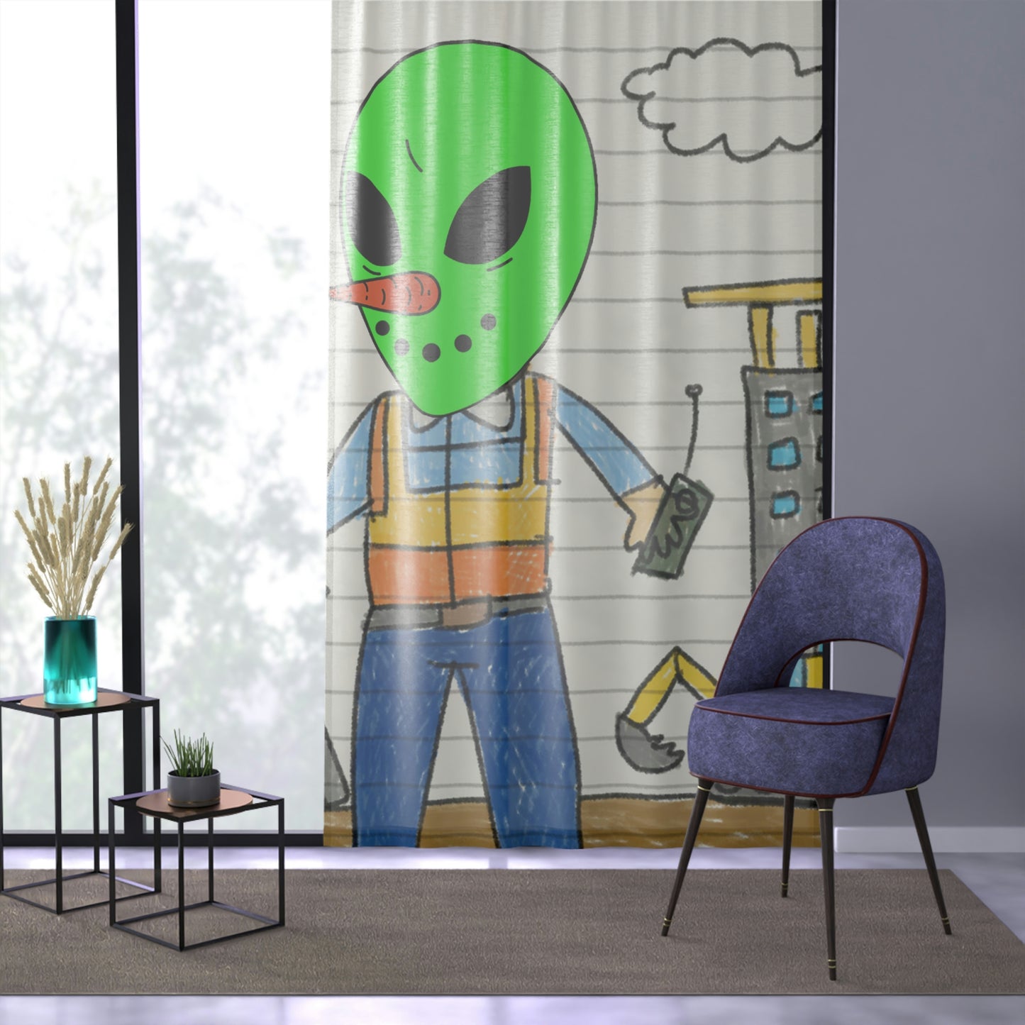 Construction Builder Building Alien Veggie Visi Vegetable Visitor Window Curtain