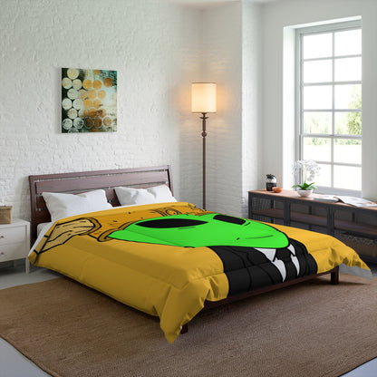 Green Smirk Face Alien Viking Helmet Black Business Suit Visitor Bed Comforter