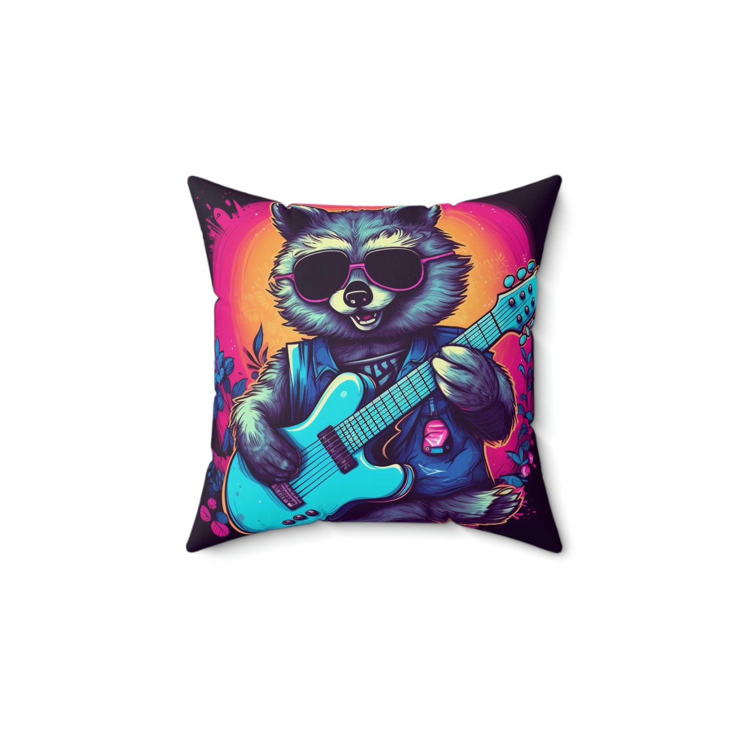 Raccoon Musician Art - Rock Star Guitarist Furry Animal Spun Polyester Square Pillow