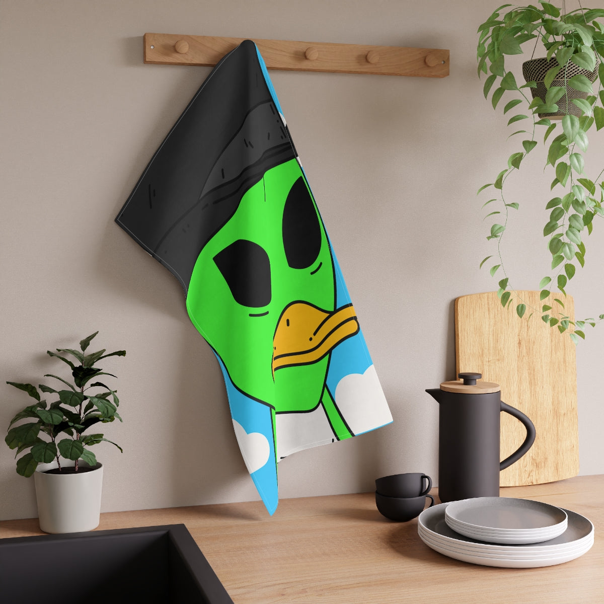 The Visitors Green Alien Duck Black Top Hat Kitchen Towel