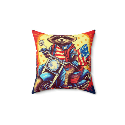 Red White and Blue American Raccoon Biker Motorcyclist Graphic Spun Polyester Square Pillow