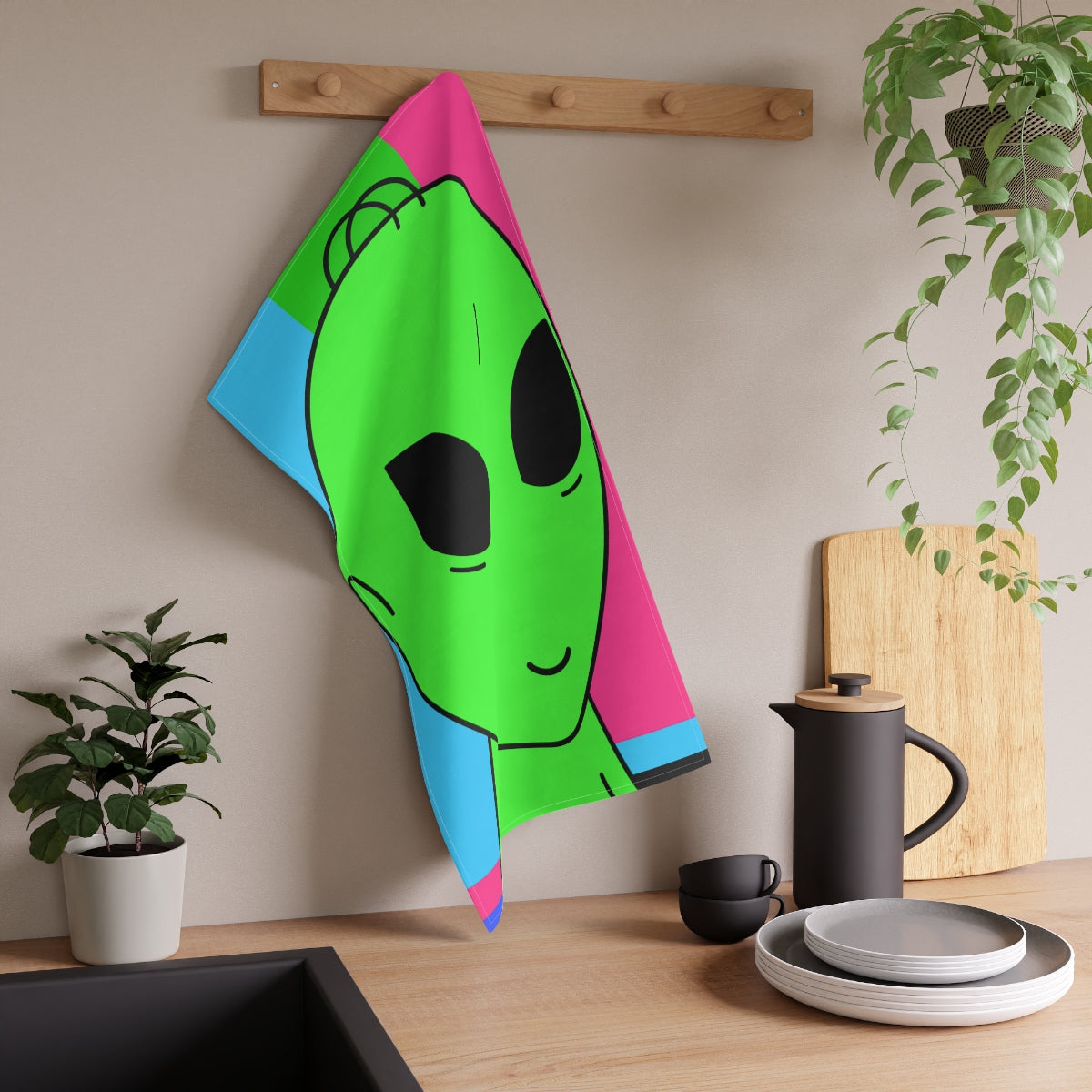 Green Alien Smile Hair Visitor Character Cartoon Comic Kitchen Towel