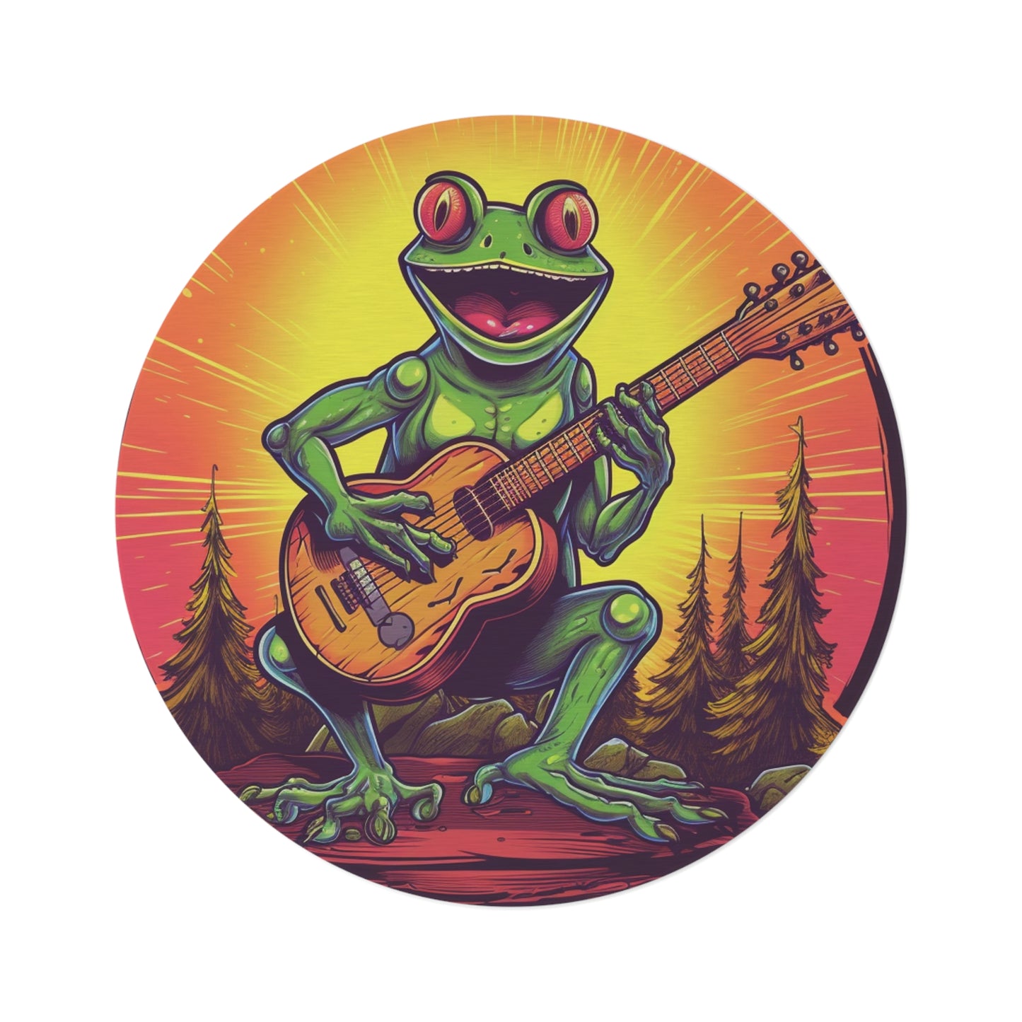 Classic Frog ontop a log Style Guitar Playing Musician Round Rug