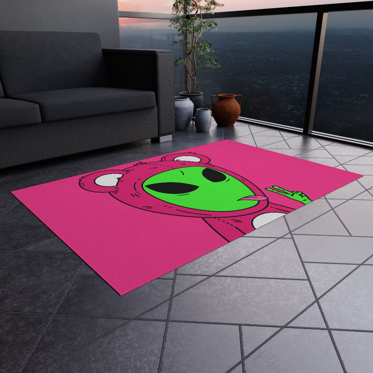 Pink Bear Green Peace Hand Tongue Visitor Alien Outdoor Rug