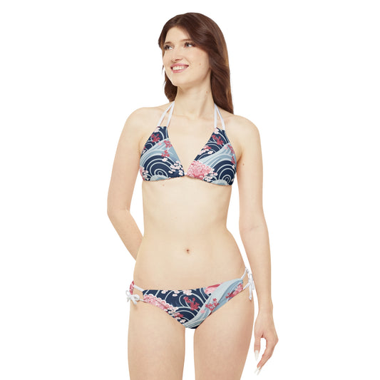 Japanese Minimalist Waves & Cherry Blossoms Pattern Strappy Bikini Set (AOP)