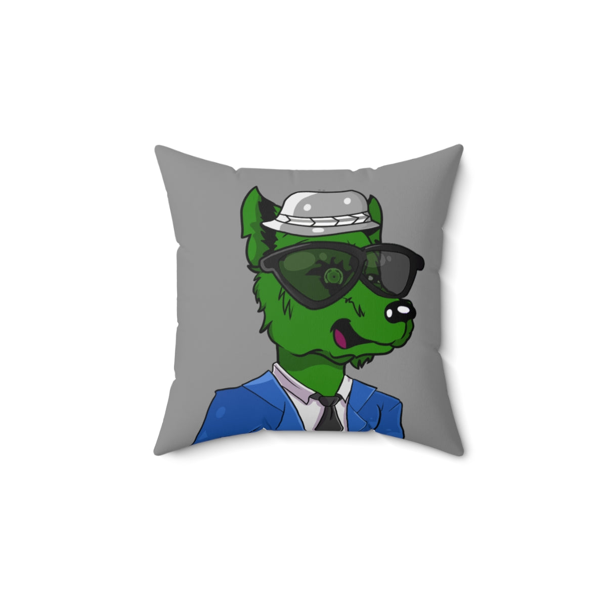 Cyborg Wolf Blue Suit Black Tie Green Fur Black Shades grey Fedora Spun Polyester Square Pillow