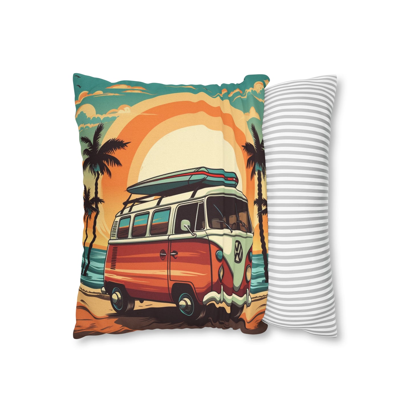 Retro Beach Camper Van - Sunset Surfboard Scene Spun Polyester Square Pillow Case