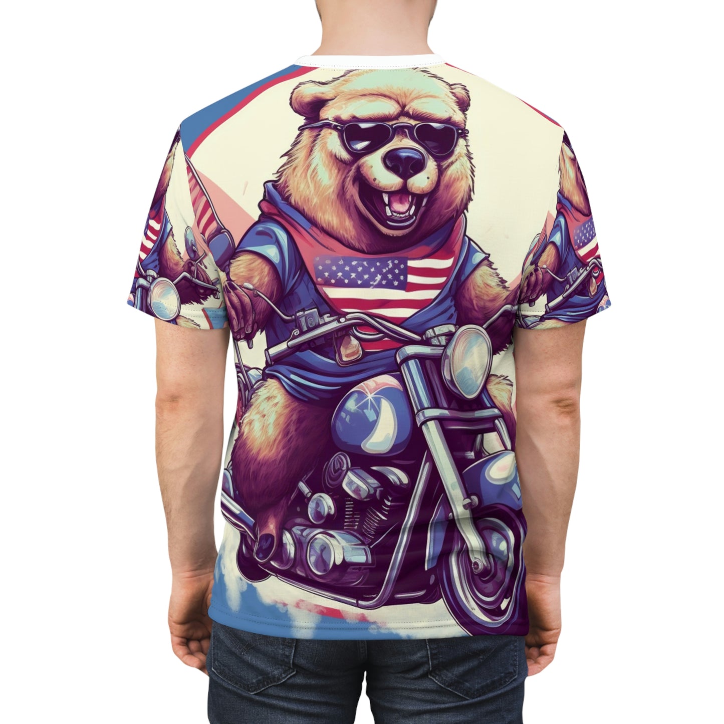 Roaring American Pride: Patriotic Bear 4th of July Motorcycle Adventure Unisex Cut & Sew Tee (AOP)