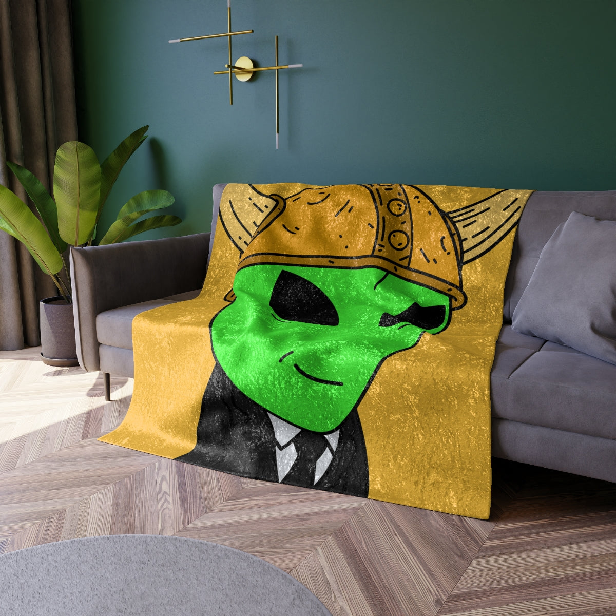 Green Smirk Face Alien Viking Helmet Black Business Suit Visitor Crushed Velvet Blanket - Visitor751