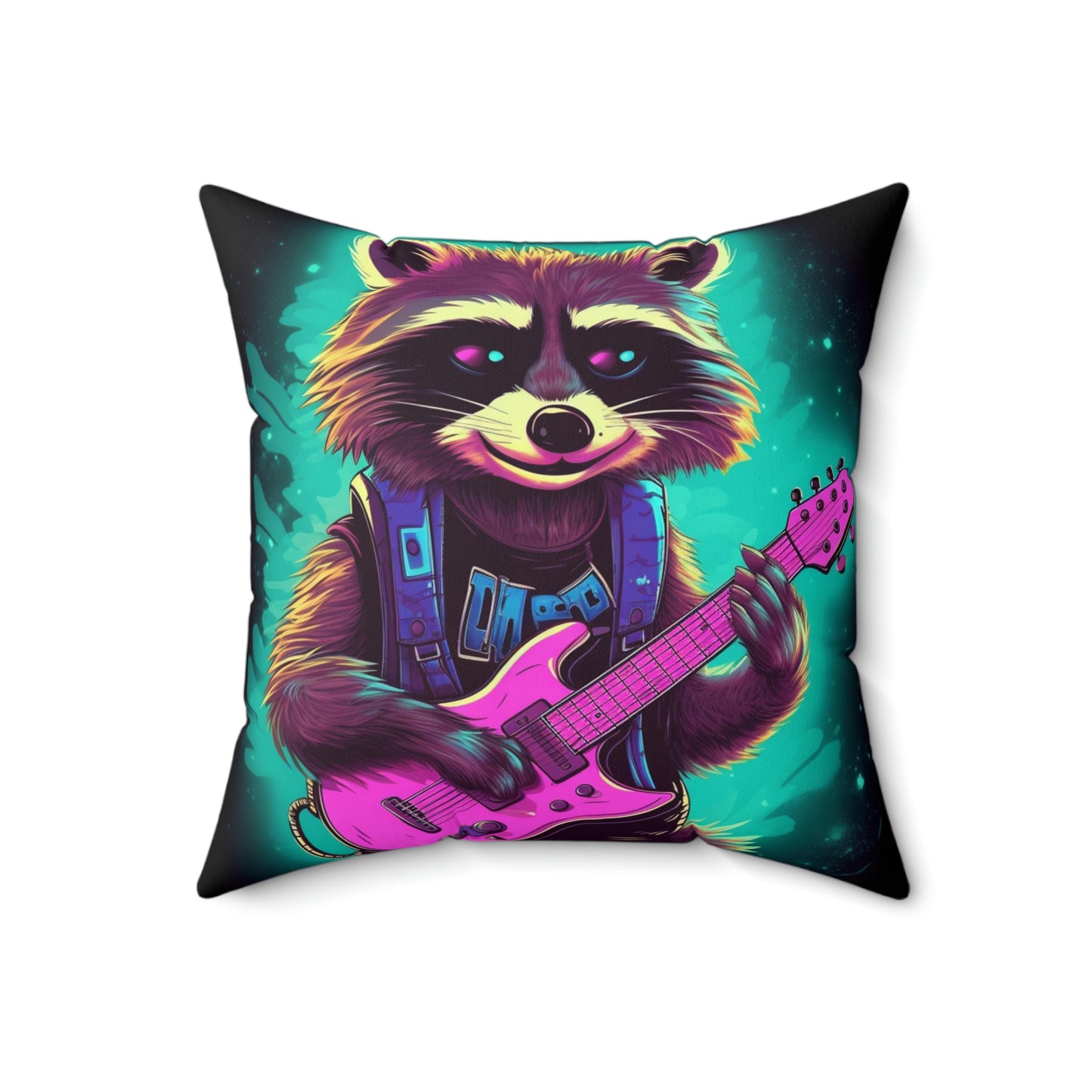 Raccoon Guitar Music Player Furry Animal Rock Star Spun Polyester Square Pillow