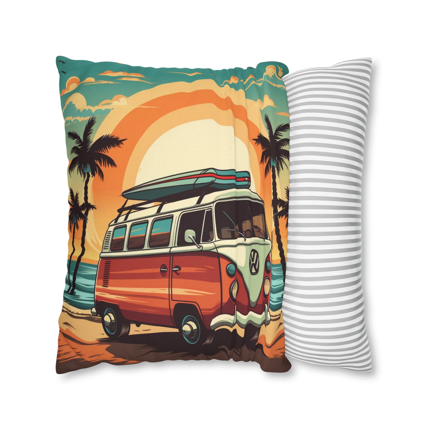 Retro Beach Camper Van - Sunset Surfboard Scene Spun Polyester Square Pillow Case