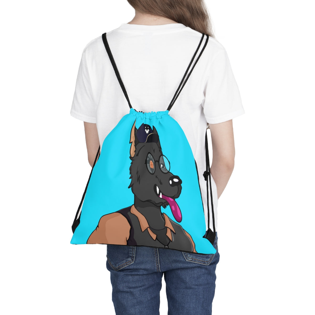 Cyborg Wolf Detective Tongue Out Round Glasses Outdoor Drawstring Bag