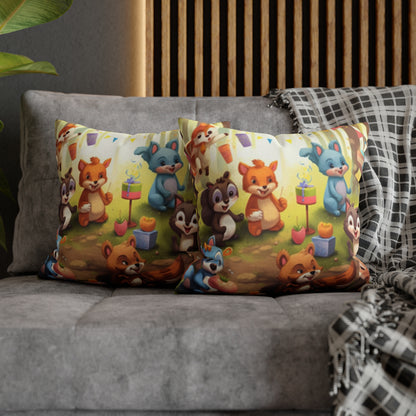 Nursery Art - Cartoon Forest Animals Party Design Spun Polyester Square Pillow Case