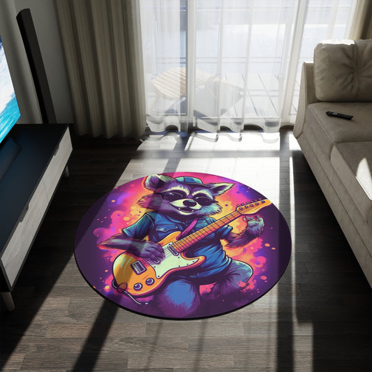Furry Raccoon Guitarist - Rock Star Animal Music Decor Round Rug