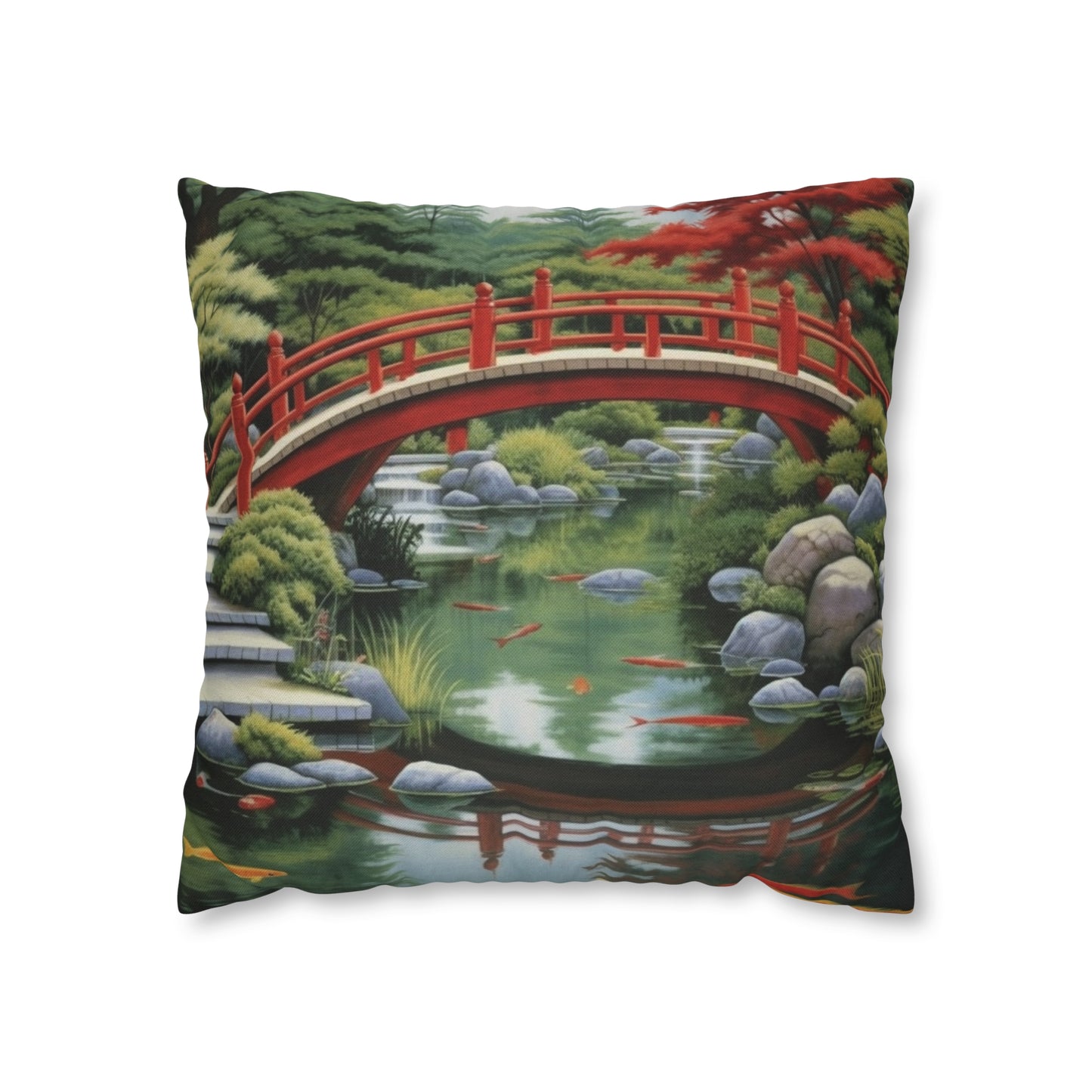 Japanese Garden Art - Tranquil Koi Pond Red Bridge Spun Polyester Square Pillow Case