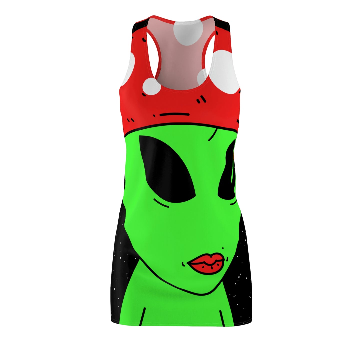 Mushroom Head Green Alien Visitor w/ Red Lips Women's Cut & Sew Racerback Dress (AOP)