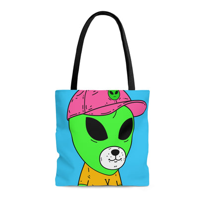 Cara de oso de perro visitante extraterrestre verde Camisas VT amarillas Sombrero Visi rosa AOP Bolsa de tela 