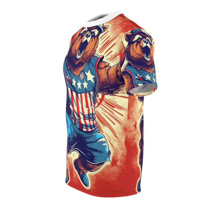 Slam Dunk for Independence:Patriotic Bear's 4th of July Basketball Game Unisex Cut & Sew Tee (AOP)