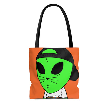 Cat Whiskers Visitor Green Alien Heart Nose Black Cap AOP Tote Bag