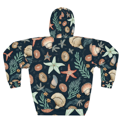 Sudadera con capucha unisex con diseño de conchas marinas y estrellas de mar dibujadas a mano (AOP)