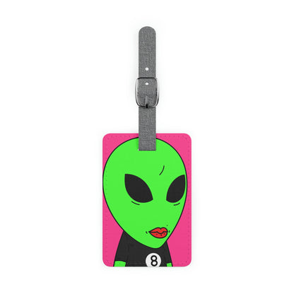 8 Ball Green Alien Lipstick Visitor Pool Player Game Saffiano Polyester Luggage Tag, Rectangle