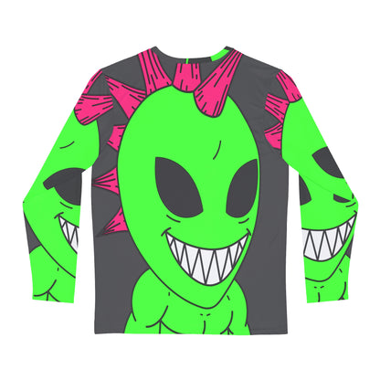 Camisa AOP de manga larga para hombre con pelo rosa con pinchos, gran sonrisa, verde, alienígena, visitante 