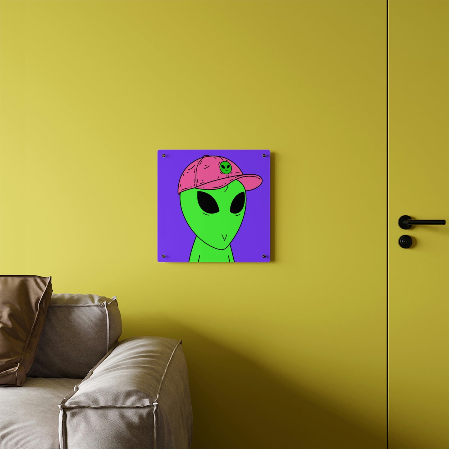 Green Alien V Face Pink Visi hat Visitor Acrylic Wall Art Panels