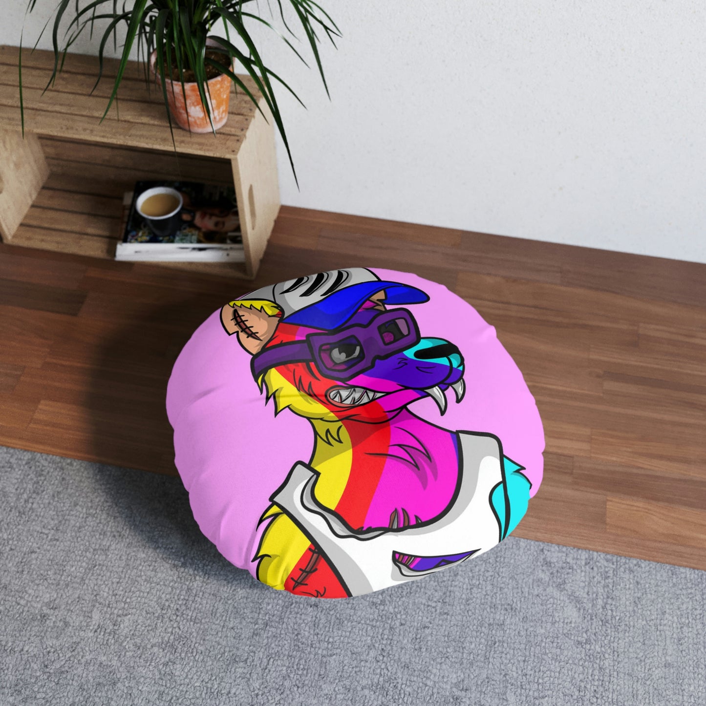 Rainbow Wolf Fur Cyborg Wolve Tufted Floor Pillow, Round