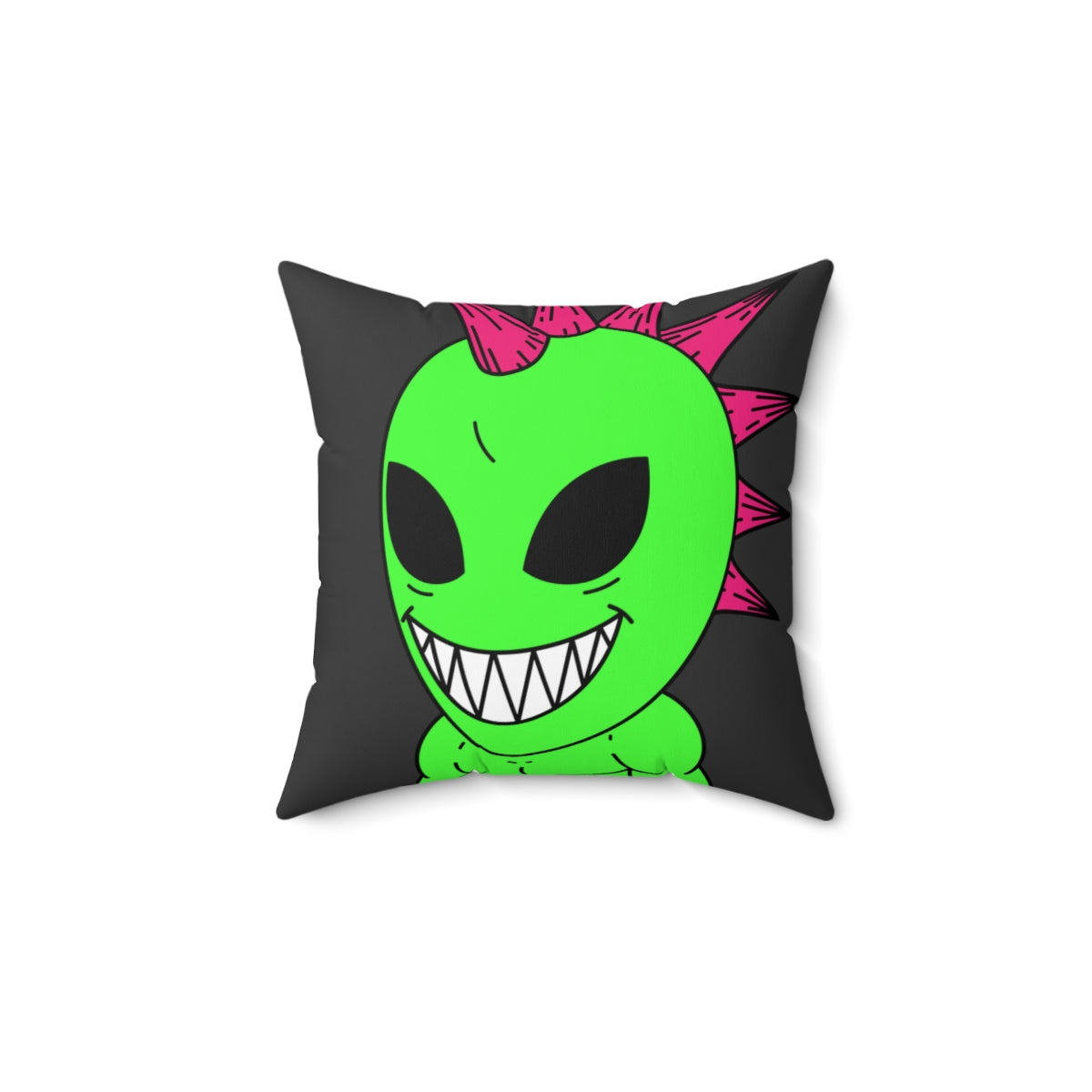 Almohada cuadrada de poliéster hilado con pinchos y pelo rosa, gran sonrisa, verde, alienígena, visitante