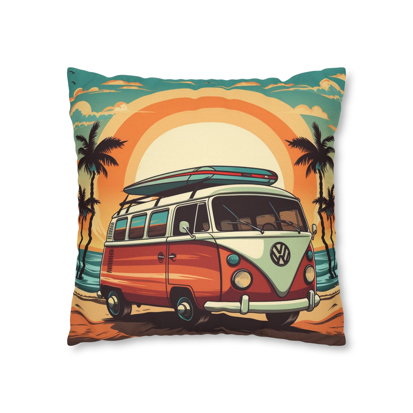 Retro Beach Camper Van - Sunset Surfboard Scene Spun Polyester Square Pillow Case