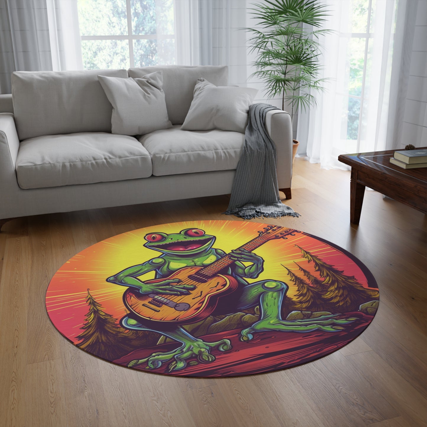 Classic Frog ontop a log Style Guitar Playing Musician Round Rug