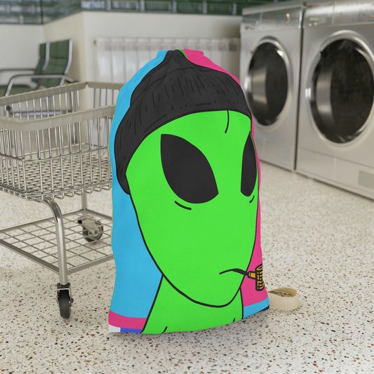 Pipe Smoking Green Alien Black Beanie Laundry Bag