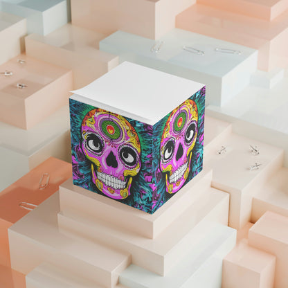 Cubo de notas con cara de cabeza de esqueleto de calavera psicodélica trippy 