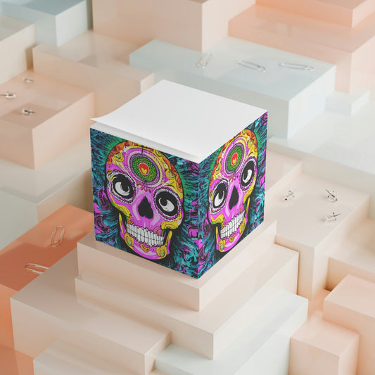 Cubo de notas con cara de cabeza de esqueleto de calavera psicodélica trippy 