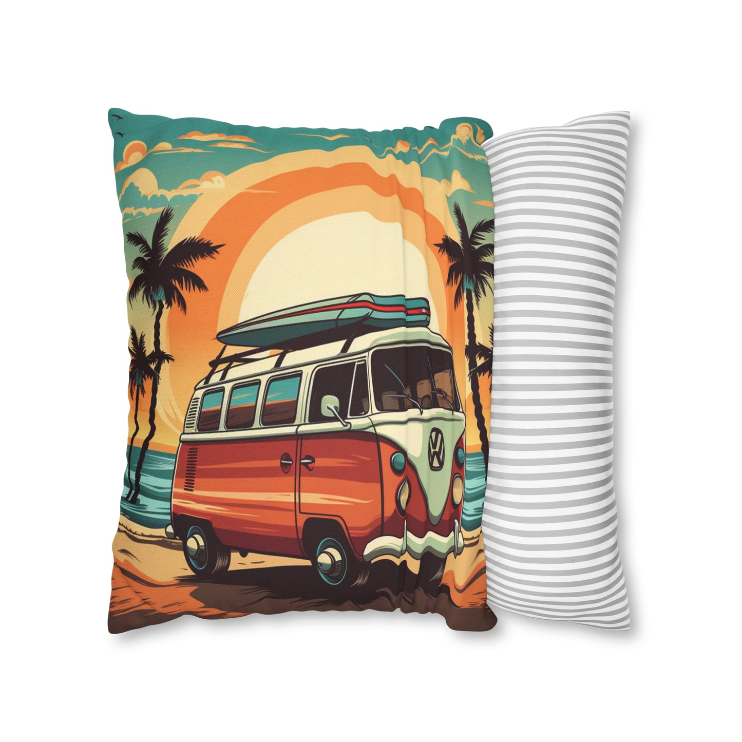 Retro Beach Camper Van - Sunset Surfboard Scene Spun Polyester Square Pillow Case