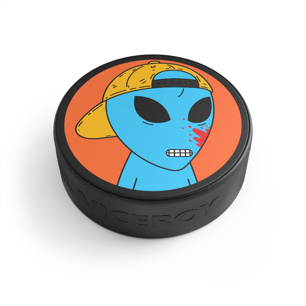 Blue Blood Visitor Alien Cartoon Hockey Puck