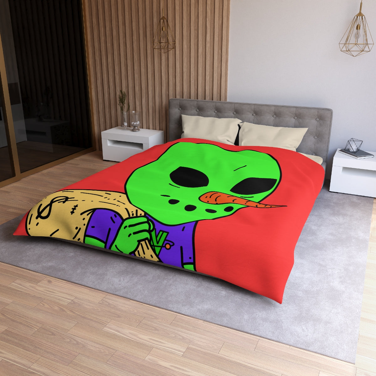 Money Bank Bag Snowman Green Visitor Alien Microfiber Duvet Cover