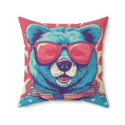 4th of July Festive Fun: Cute Patriotic Bear Graphic USA Style Spun Polyester Square Pillow