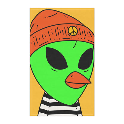 Burb Beak Green Alien Orange Peace Hat Black White Striped Shirt Kitchen Towel