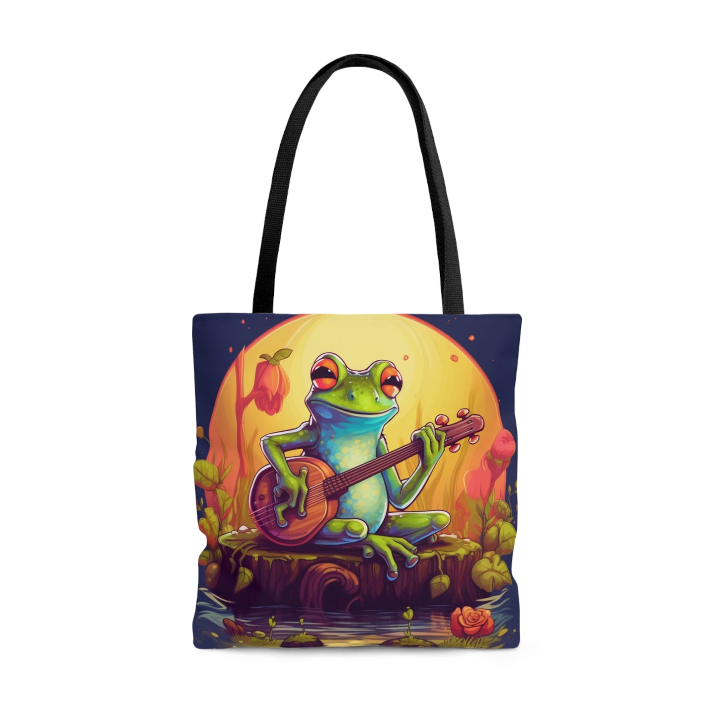 Log Frog Playing Instrument Tune Music Outdoor Swamp Graphic Tote Bag (AOP) 