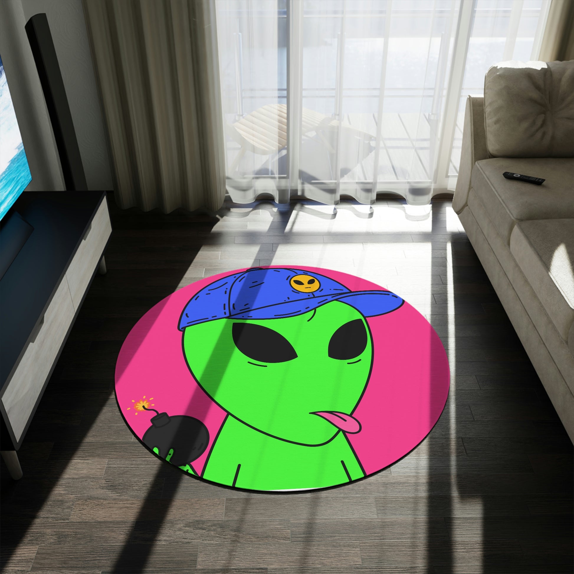 Green Alien Bomb Wield Hand Blue Visi Hat Visitor Round Rug - Visitor751