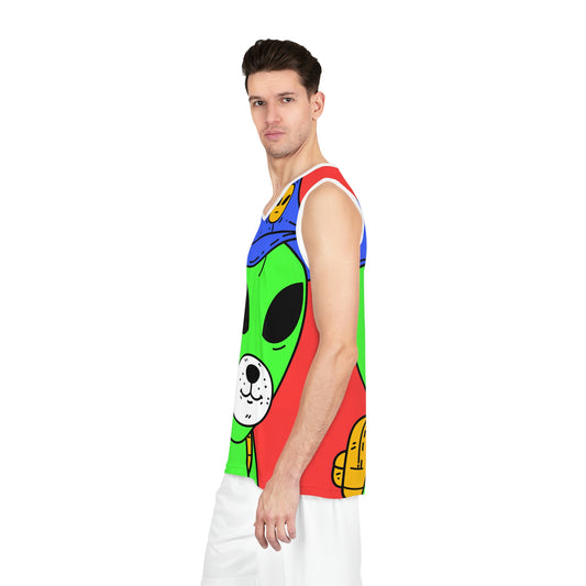 Camiseta de baloncesto visitante verde alienígena con perro y oso blanco (AOP) 