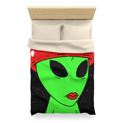 Mushroom Head Green Alien Visitor w/ Red Lips Microfiber Duvet Cover