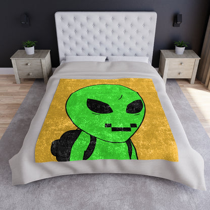 Green Alien Visitor Digital Face Black Backpack Crushed Velvet Blanket