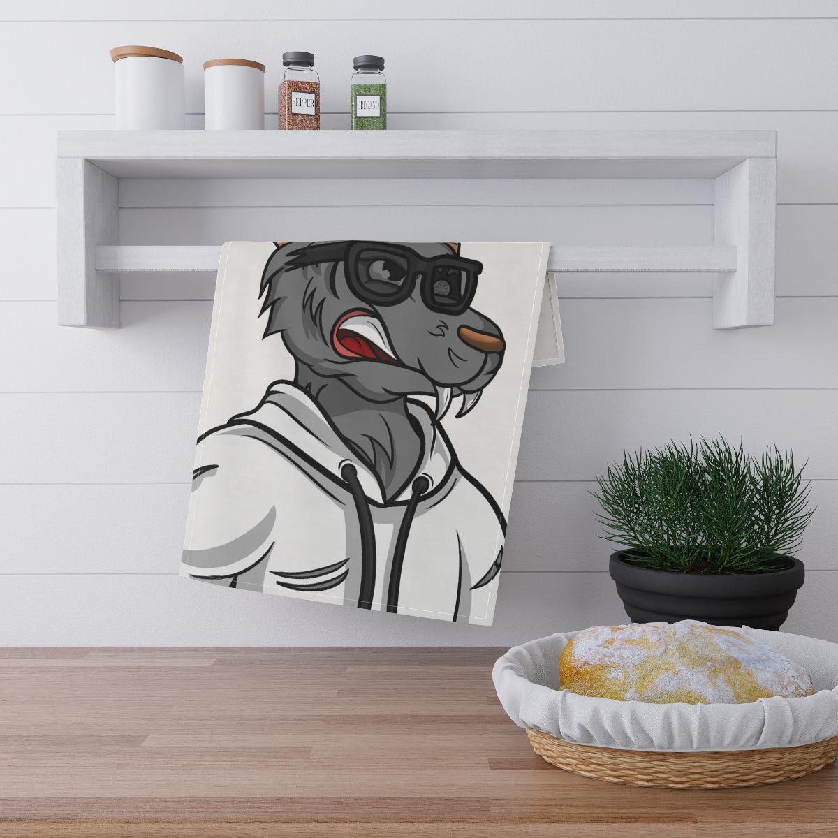 Cyborg Wolf Black Shades White Sweatshirt Hoodie Kitchen Towel